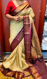 Saree South Silk Blended Traditional Festive Beige Durga Pujo Diwali S10967 - Saree - Aakritee - S10967
